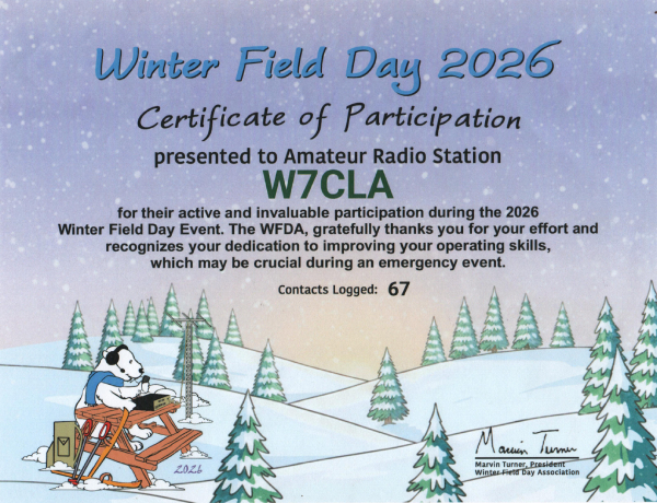 Winter Field Day W7CLA Award