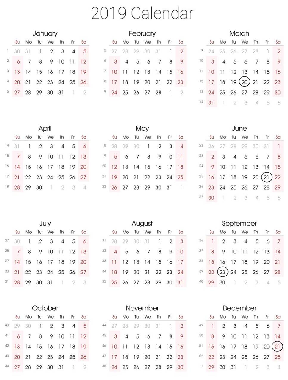 Calendar 2019 Gregorian marked