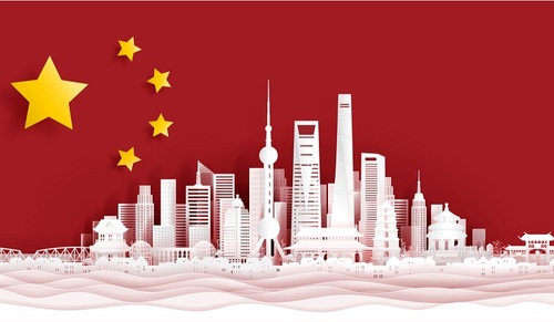 Chinese flag with cityscape