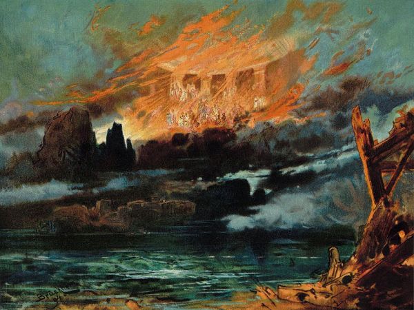 final scene from Richard Wagner's en:Götterdämmerung, showing Valhalla on fire by Max Brückner