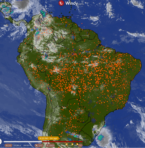 Map of fires burning in Amazon rain forest