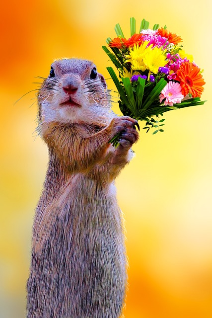 squirrel with tiny bouquet