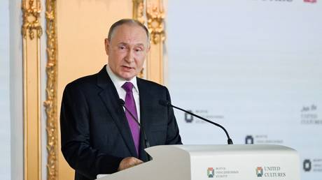 Russian President Vladimir Putin at the United Cultures Forum, St. Petersburg, Russia, September 12, 2025