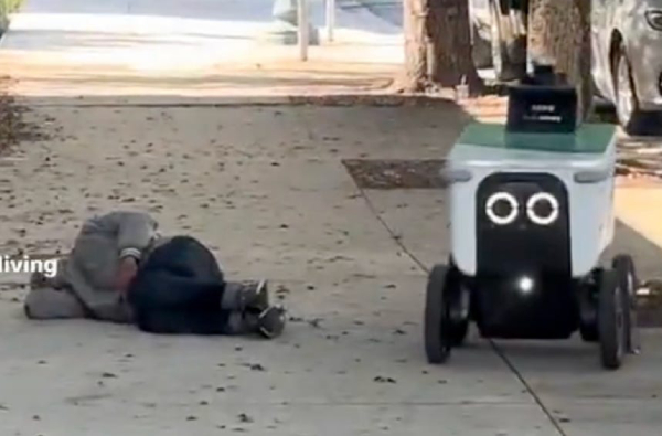 homeless man &  delivery robot