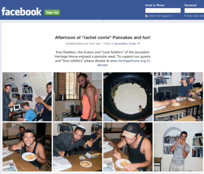 Israeli soldiers eating a meal of "Rachel Corrie" pancakes